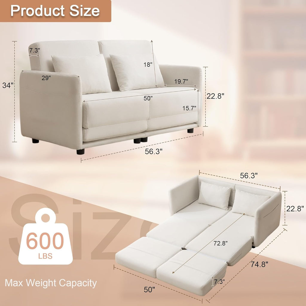 56.3" W x 74.8" D Small Full Size Pull Out Couch, Sleeper Sofa, Futon Sofa Bed with Side Pockets, Convertible Loveseat Sofa with Washable & Breathable Cover, Futon Couch for Living Room, White