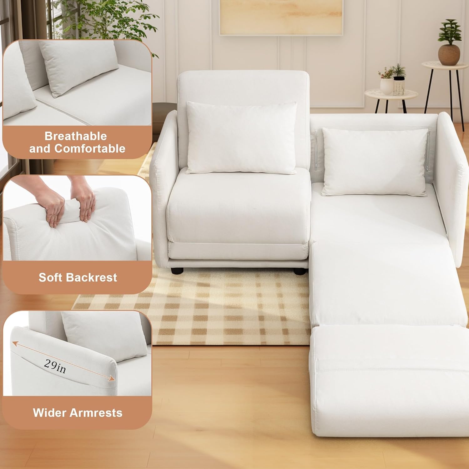 56.3" W x 74.8" D Small Full Size Pull Out Couch, Sleeper Sofa, Futon Sofa Bed with Side Pockets, Convertible Loveseat Sofa with Washable & Breathable Cover, Futon Couch for Living Room, White