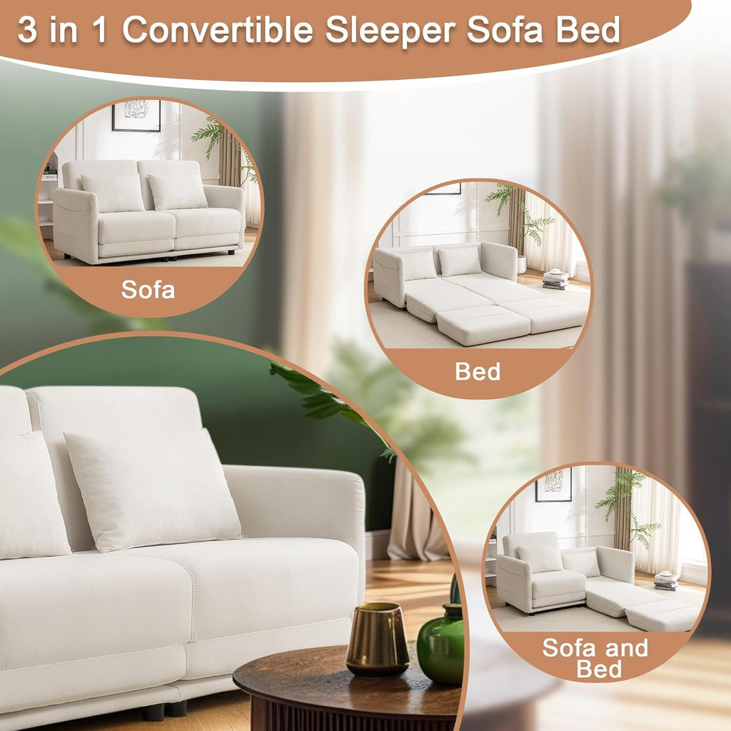 56.3" W x 74.8" D Small Full Size Pull Out Couch, Sleeper Sofa, Futon Sofa Bed with Side Pockets, Convertible Loveseat Sofa with Washable & Breathable Cover, Futon Couch for Living Room, White