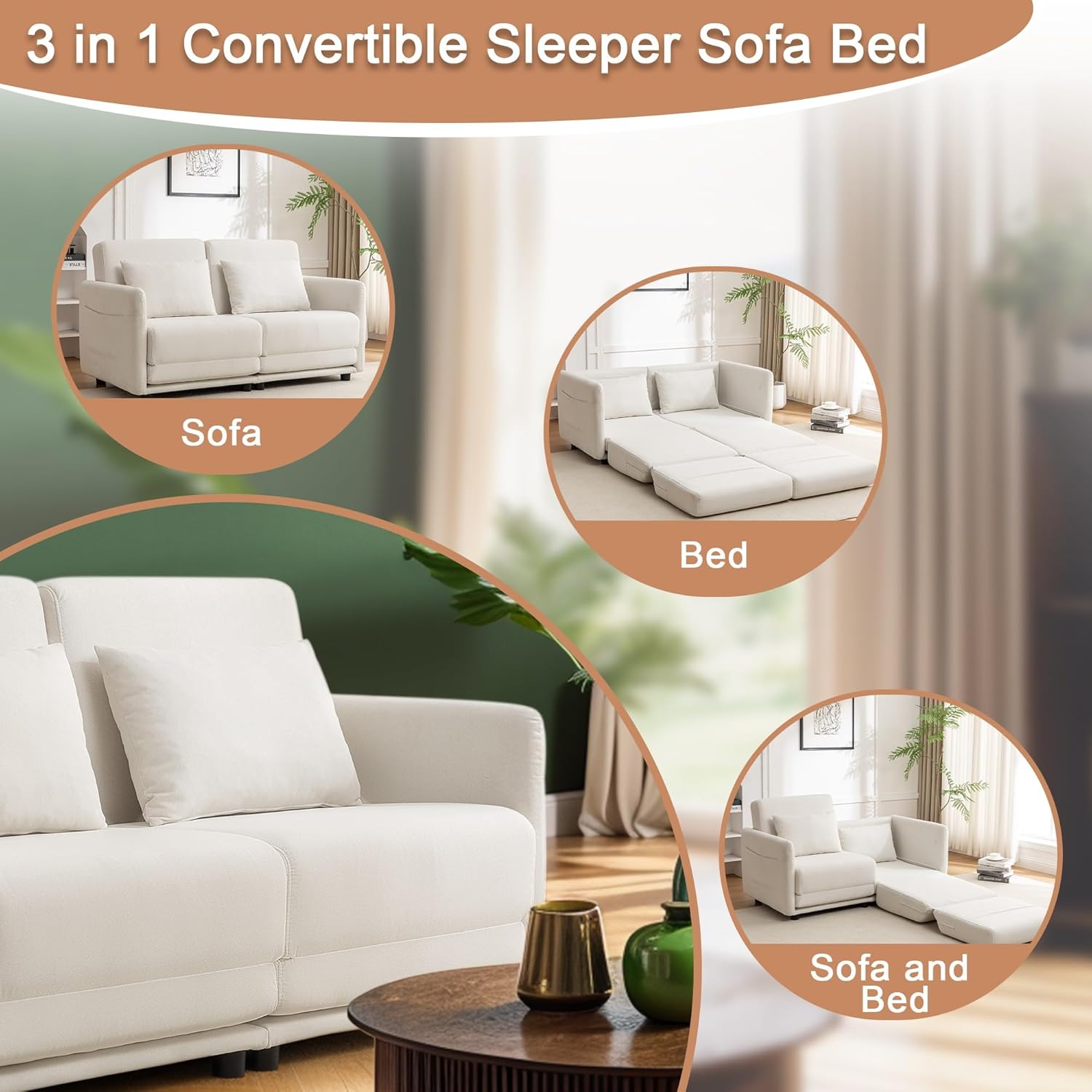 56.3" W x 74.8" D Small Full Size Pull Out Couch, Sleeper Sofa, Futon Sofa Bed with Side Pockets, Convertible Loveseat Sofa with Washable & Breathable Cover, Futon Couch for Living Room, White