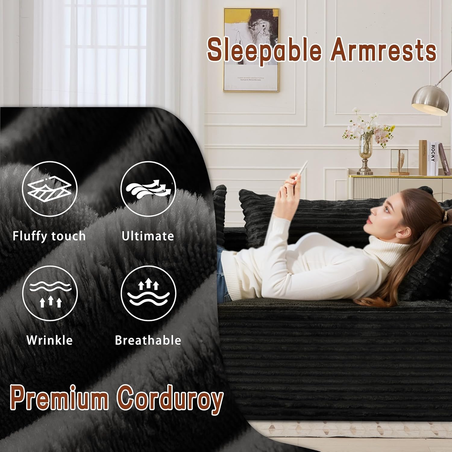 110" Sectional Couches for Living Room, Modular Sectional Sofa with L-Shape Chaise, Cloud Couch, Comfy Corduroy Fluffy Couch with Deep Seat and Side Pockets, No Assembly Required