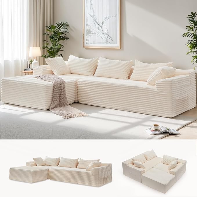 110" Sectional Couches for Living Room, Modular Sectional Sofa with L-Shape Chaise, Cloud Couch, Comfy Corduroy Fluffy Couch with Deep Seat and Side Pockets, No Assembly Required