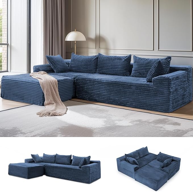 110" Sectional Couches for Living Room, Modular Sectional Sofa with L-Shape Chaise, Cloud Couch, Comfy Corduroy Fluffy Couch with Deep Seat and Side Pockets, No Assembly Required