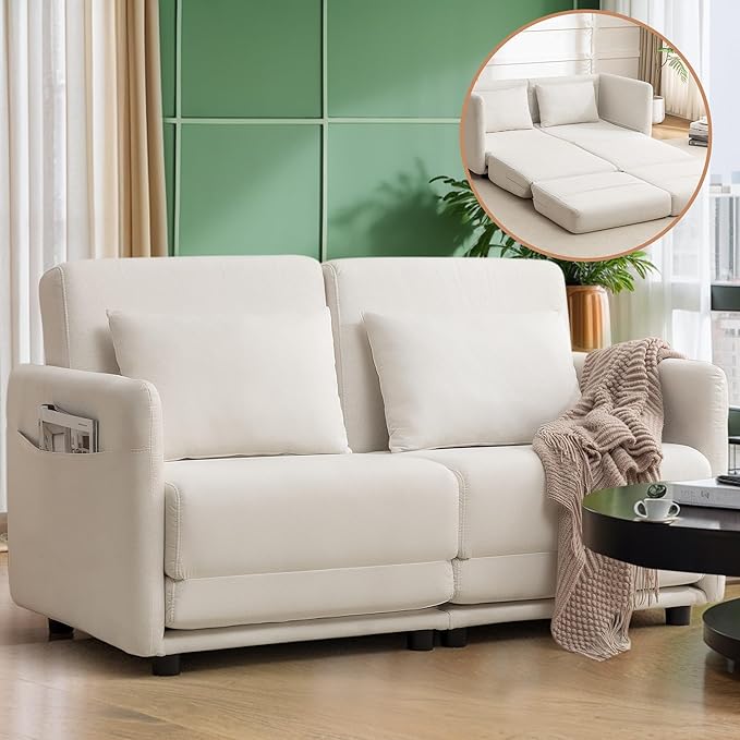 56.3" W x 74.8" D Small Full Size Pull Out Couch, Sleeper Sofa, Futon Sofa Bed with Side Pockets, Convertible Loveseat Sofa with Washable & Breathable Cover, Futon Couch for Living Room, White