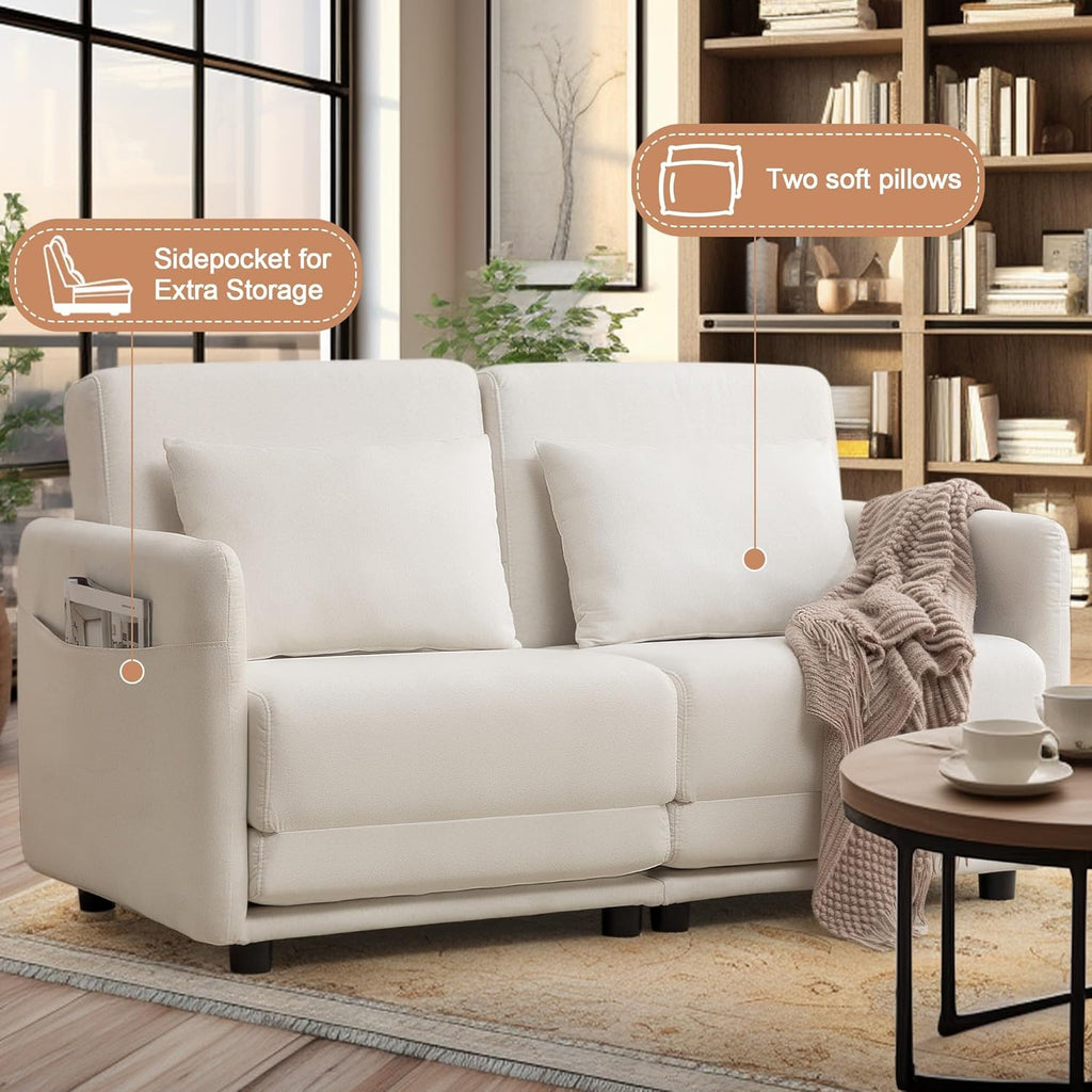 56.3" W x 74.8" D Small Full Size Pull Out Couch, Sleeper Sofa, Futon Sofa Bed with Side Pockets, Convertible Loveseat Sofa with Washable & Breathable Cover, Futon Couch for Living Room, White