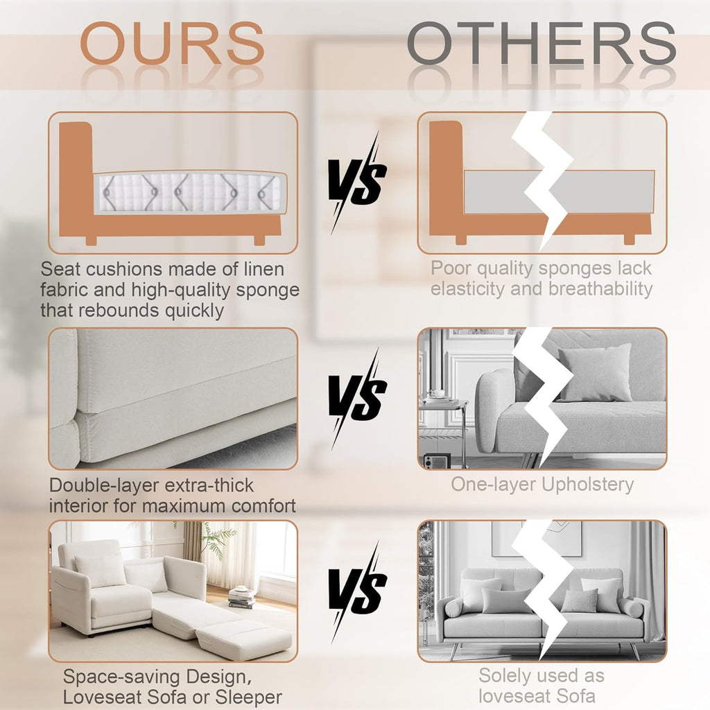 56.3" W x 74.8" D Small Full Size Pull Out Couch, Sleeper Sofa, Futon Sofa Bed with Side Pockets, Convertible Loveseat Sofa with Washable & Breathable Cover, Futon Couch for Living Room, White