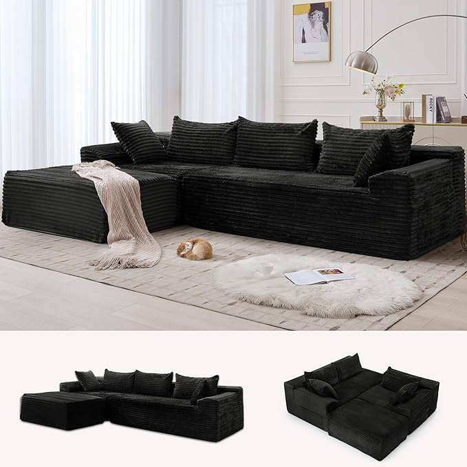 110" Sectional Couches for Living Room, Modular Sectional Sofa with L-Shape Chaise, Cloud Couch, Comfy Corduroy Fluffy Couch with Deep Seat and Side Pockets, No Assembly Required