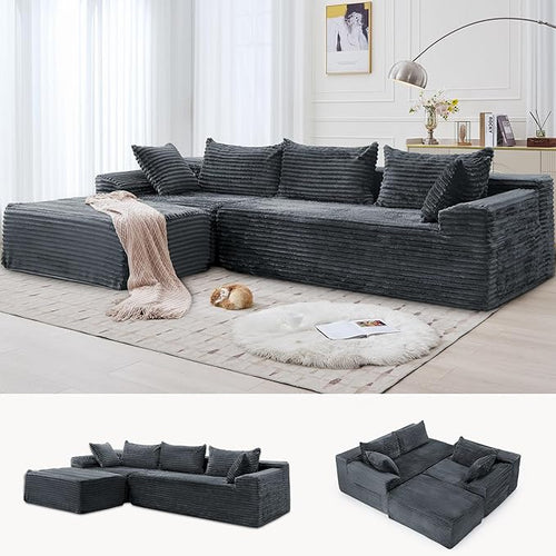 110" Sectional Couches for Living Room, Modular Sectional Sofa with L-Shape Chaise, Cloud Couch, Comfy Corduroy Fluffy Couch with Deep Seat and Side Pockets, No Assembly Required