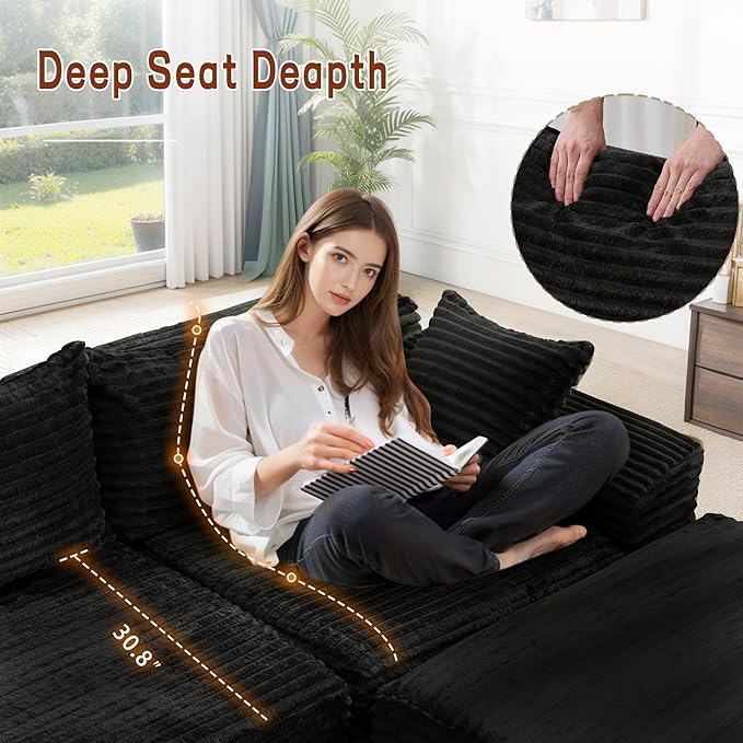 110" Sectional Couches for Living Room, Modular Sectional Sofa with L-Shape Chaise, Cloud Couch, Comfy Corduroy Fluffy Couch with Deep Seat and Side Pockets, No Assembly Required
